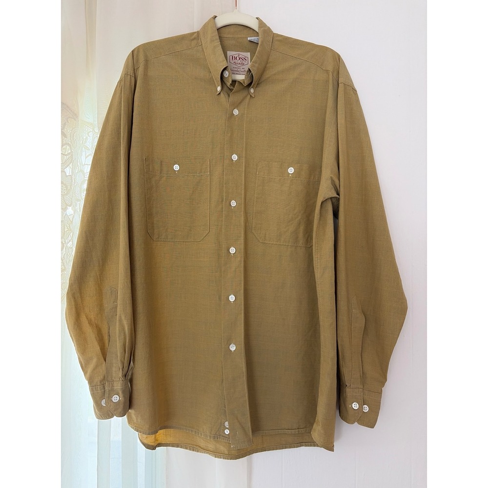 Hugo Boss Button Down Mens 40/15.75 Mustard Tan Vintage West Germany Dress Shirt